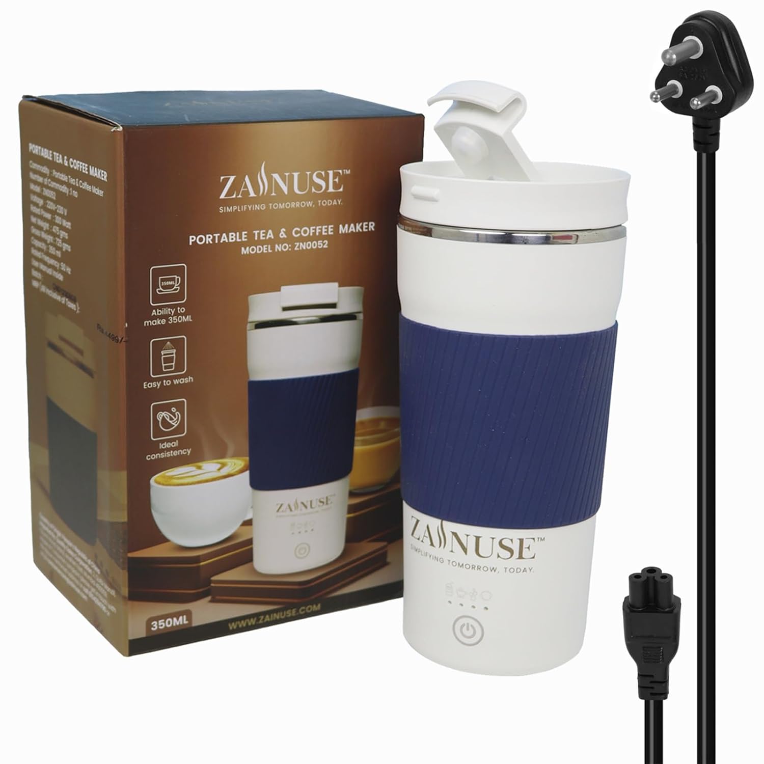 Zainuse portable tea and coffee maker with packaging and power cord on a white background