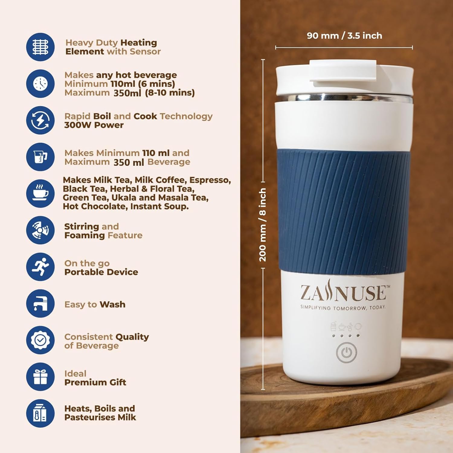 Zamnuse travel mug with blue sleeve and white base, featuring product details on a wooden surface.