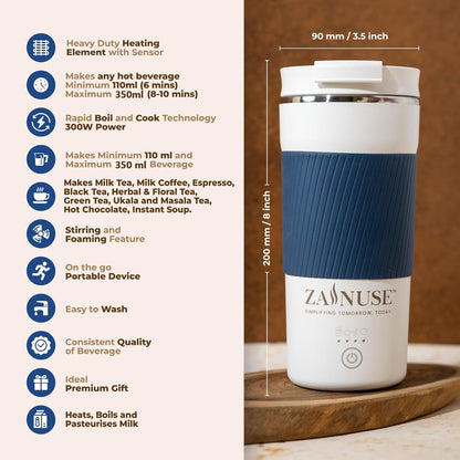 Zamnuse travel mug with blue sleeve and white base, featuring product details on a wooden surface.