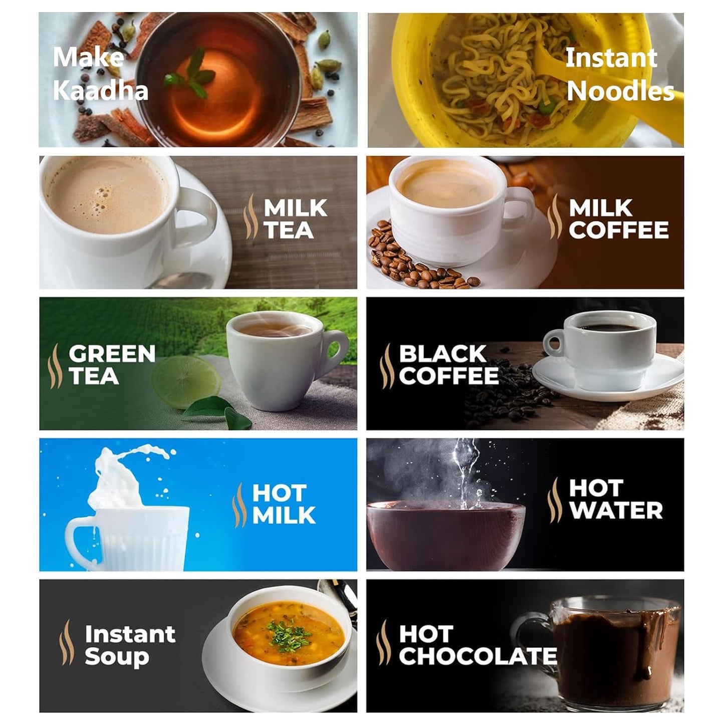 Grid of images showing various hot beverages and foods with text labels.