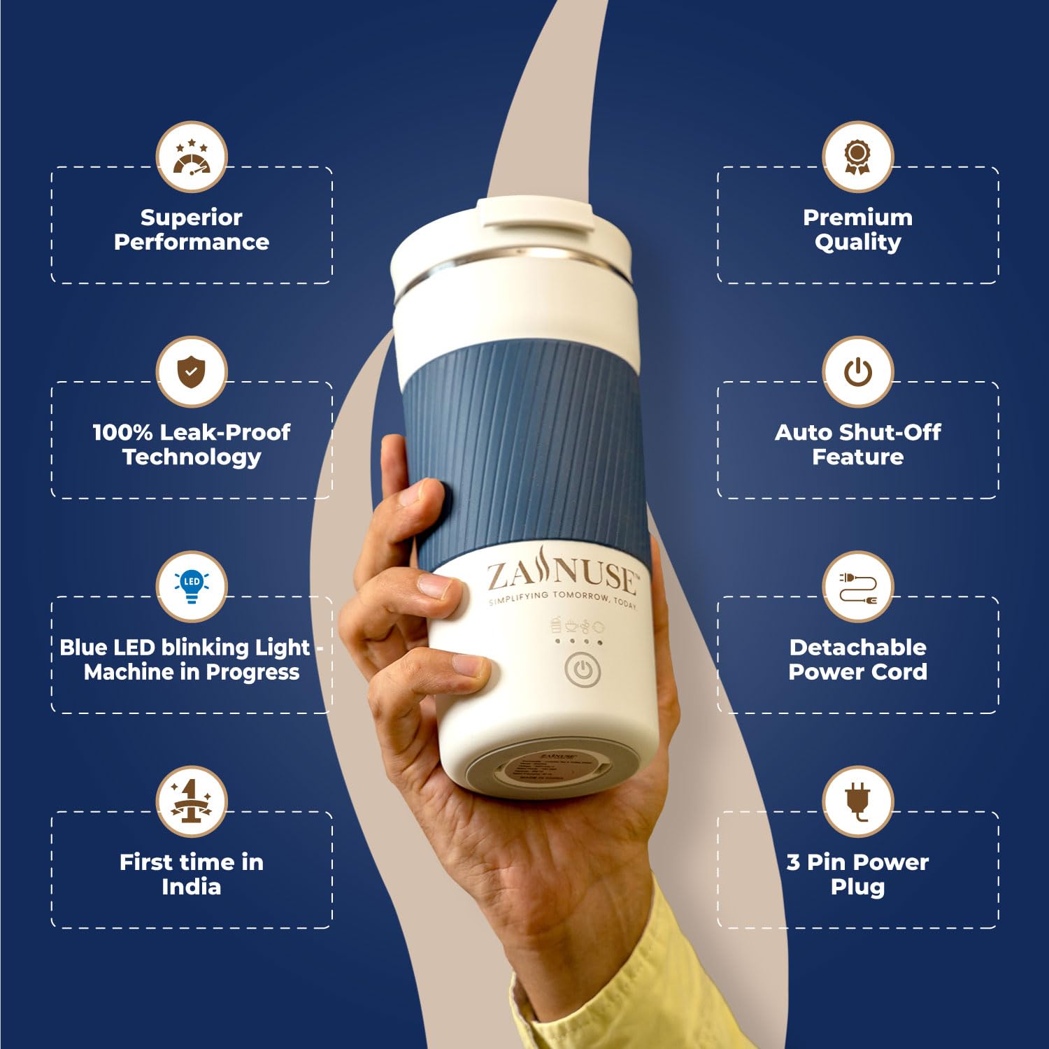 Hand holding a blue and white Zainuse product with features listed on a blue background