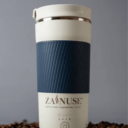White and blue travel mug with 'ZANUSE' branding on a gray background