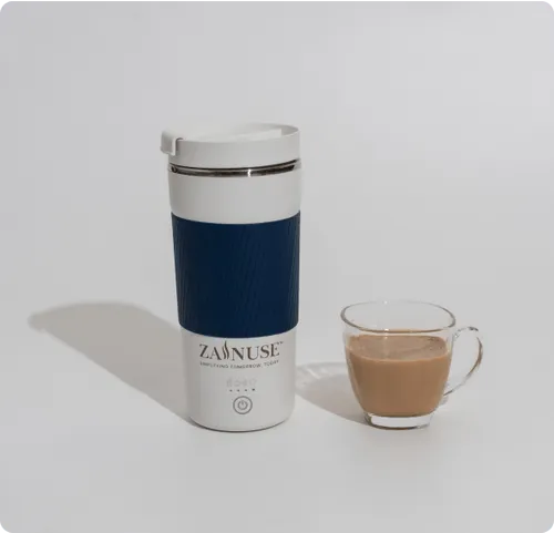 Zainuse travel mug with a glass of coffee on a white background